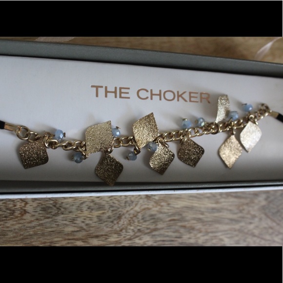 The Choker | black necklace w/ blue &gold beading - Picture 2 of 3